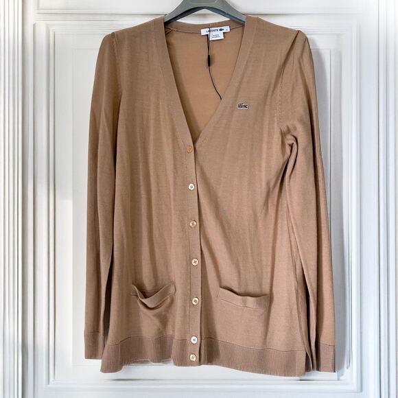 LACOSTE NWOT 100% Merino Wool Classic Cardigan in Tan Size 44/ M - Picture 1 of 12